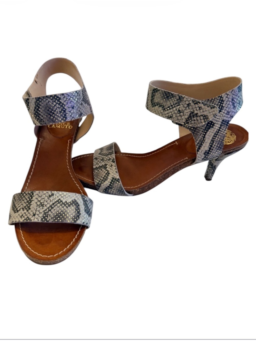 Vince Camuto Olinsa Snake Print Metallic Ankle Strap Kitten Heel Sandal 8.5